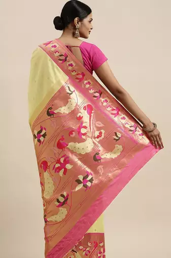 green green & pink woven design silk blend paithani saree