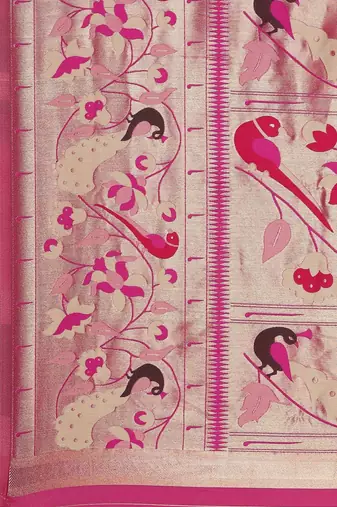 green green & pink woven design silk blend paithani saree
