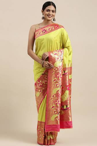 green green & red woven design silk blend paithani saree