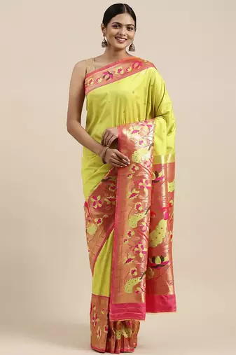 green green & red woven design silk blend paithani saree