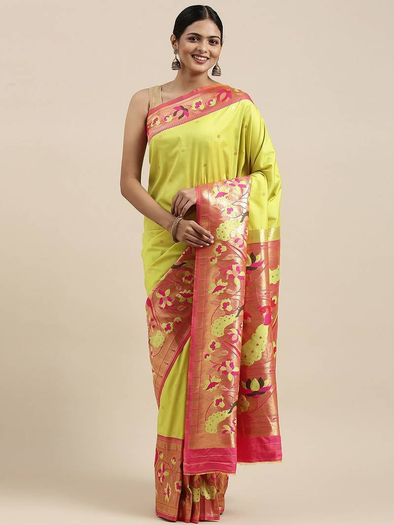 green green & red woven design silk blend paithani saree