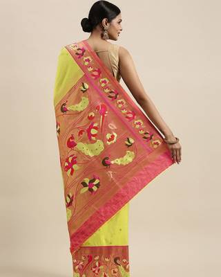 green green & red woven design silk blend paithani saree 2