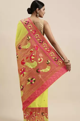 green green & red woven design silk blend paithani saree