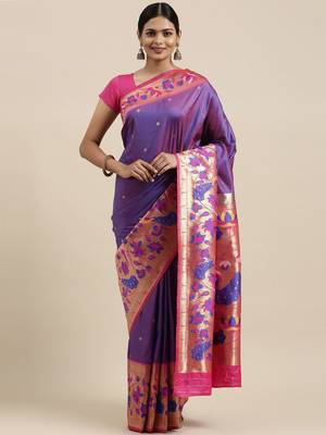 purple purple floral zari silk blend paithani saree 1