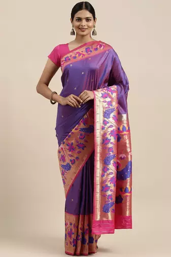purple purple floral zari silk blend paithani saree