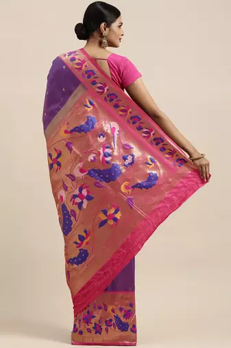 purple purple floral zari silk blend paithani saree