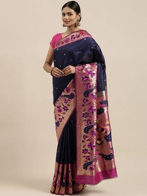 blue blue & pink woven design silk blend paithani saree 1