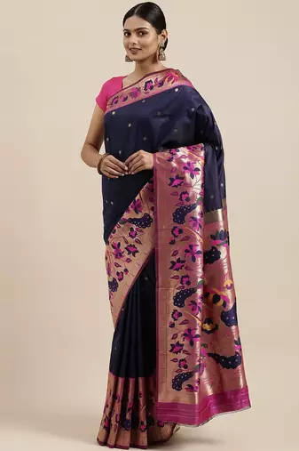 blue blue & pink woven design silk blend paithani saree