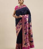 blue blue & pink woven design silk blend paithani saree