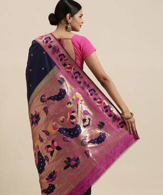 blue blue & pink woven design silk blend paithani saree 2