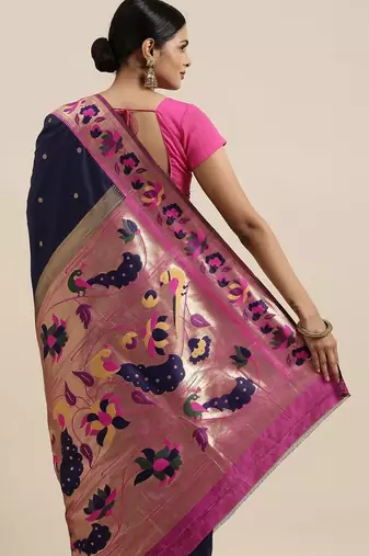 blue blue & pink woven design silk blend paithani saree