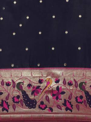 blue blue & pink woven design silk blend paithani saree 3