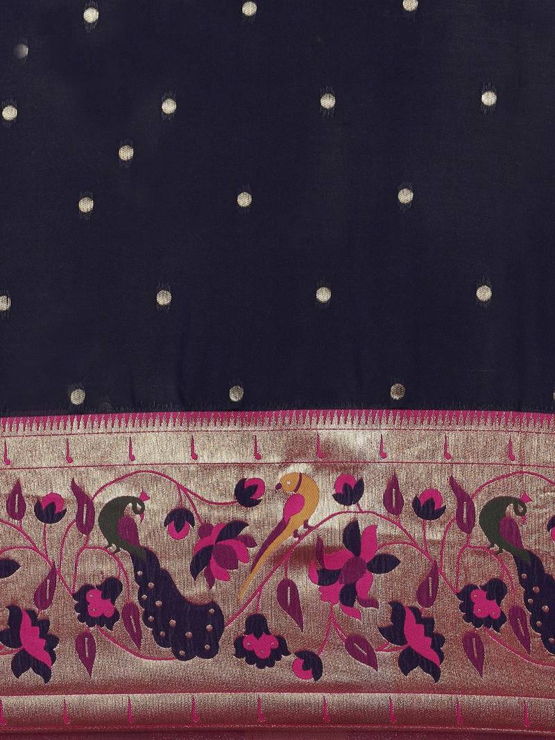 blue blue & pink woven design silk blend paithani saree