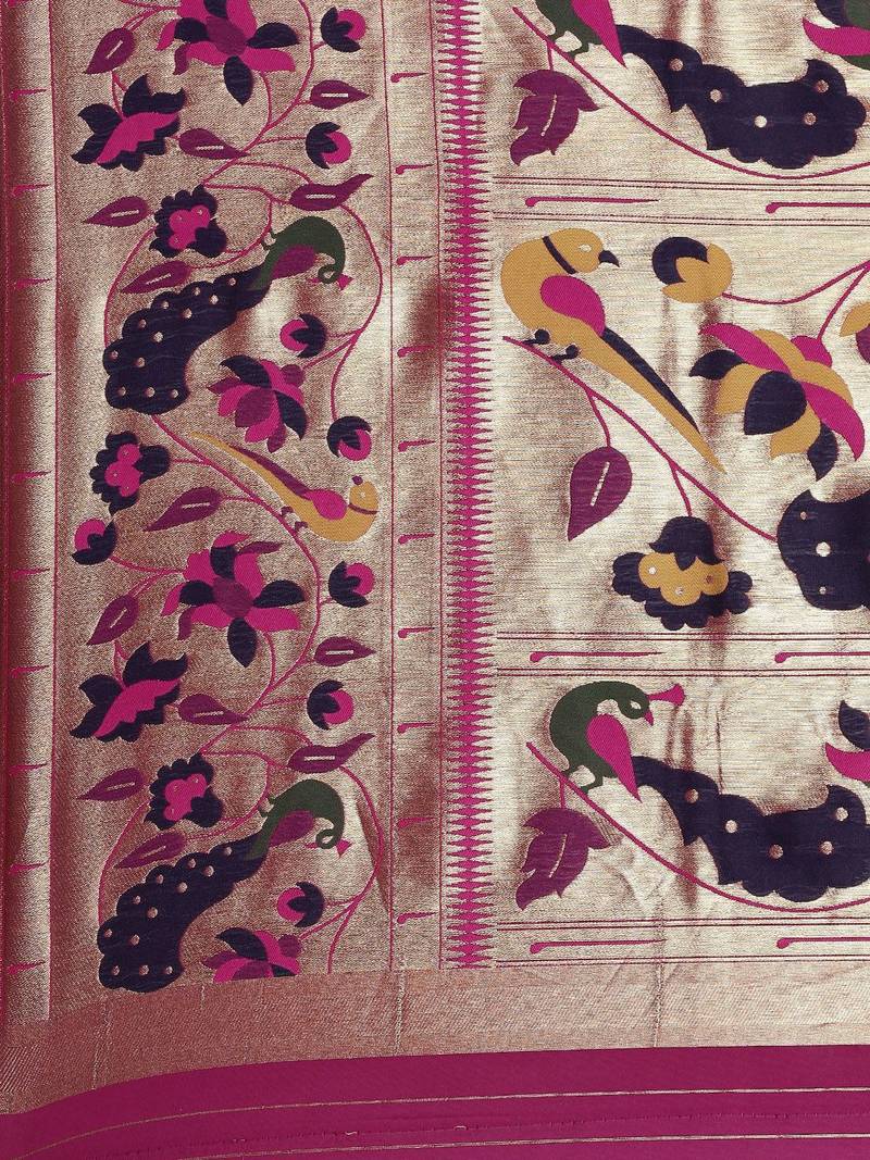 blue blue & pink woven design silk blend paithani saree