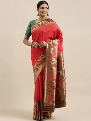 pink pink floral zari silk blend paithani saree 1