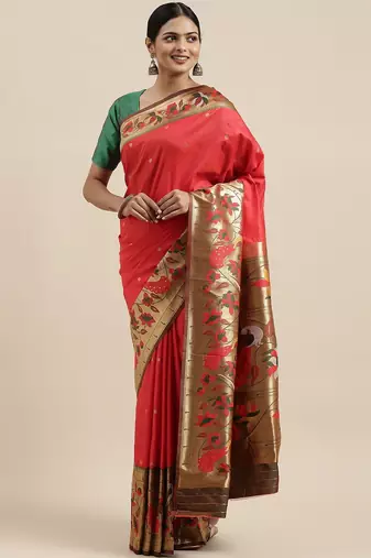 pink pink floral zari silk blend paithani saree