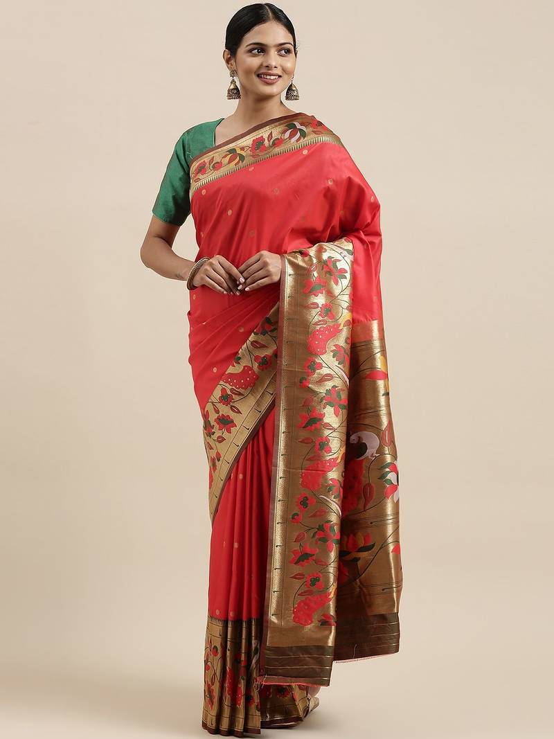 pink pink floral zari silk blend paithani saree