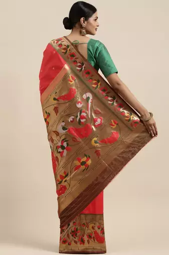 pink pink floral zari silk blend paithani saree