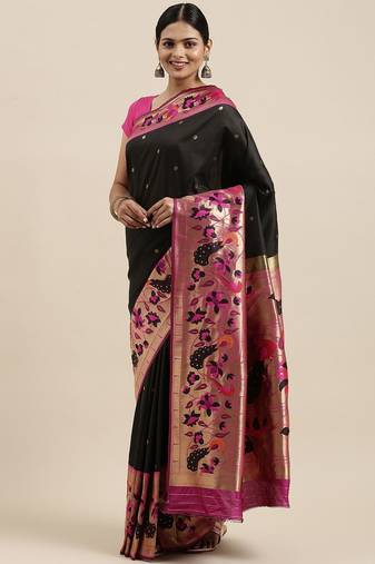 black black woven design silk blend paithani saree