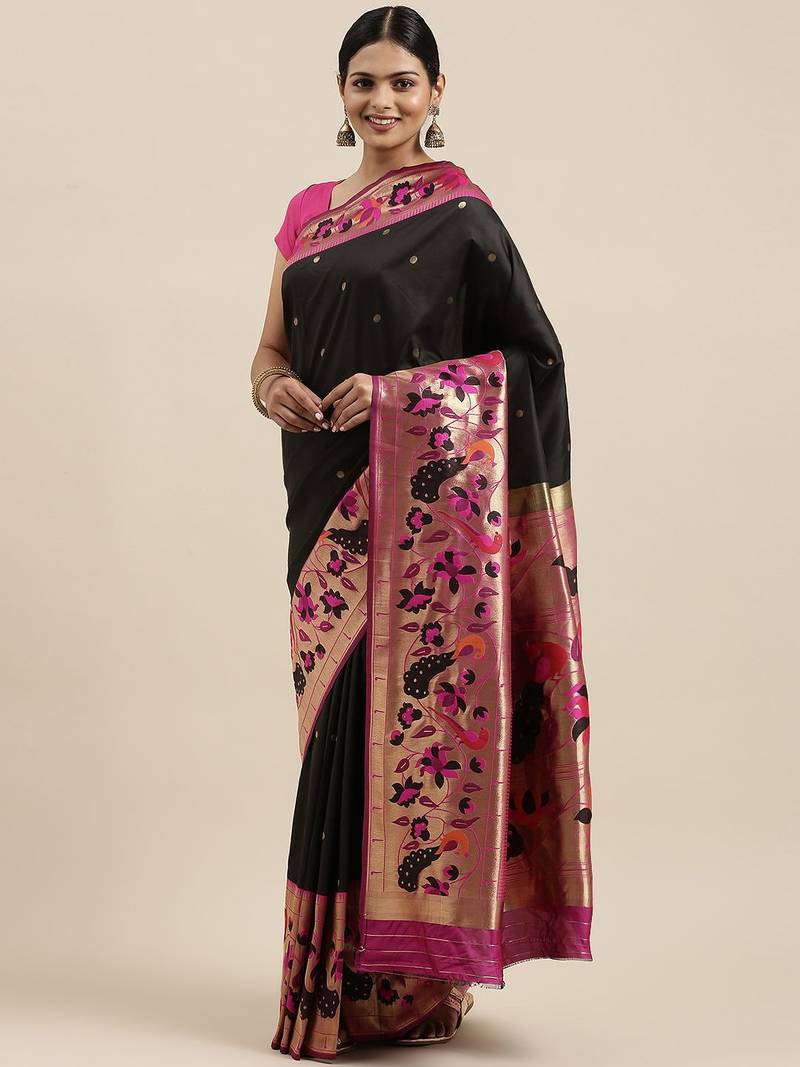 black black woven design silk blend paithani saree