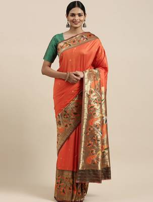 orange orange floral zari silk blend paithani saree 1