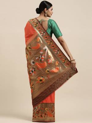 orange orange floral zari silk blend paithani saree 2