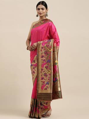 pink pink & green woven design silk blend paithani saree 1