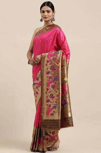 pink pink & green woven design silk blend paithani saree