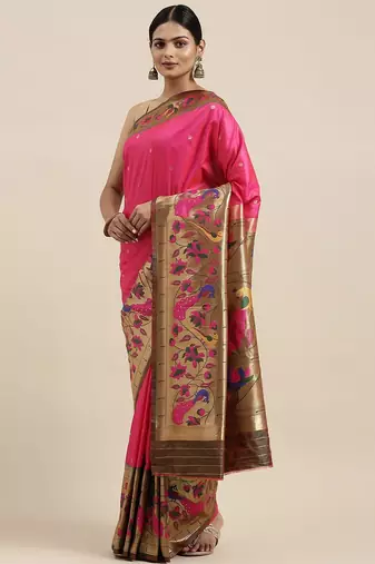 pink pink & green woven design silk blend paithani saree