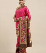 pink pink & green woven design silk blend paithani saree