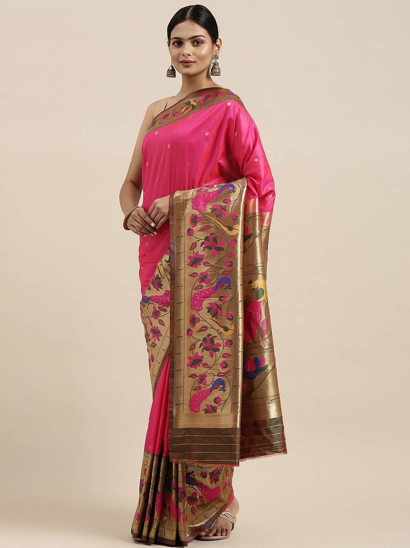 pink pink & green woven design silk blend paithani saree