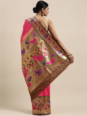 pink pink & green woven design silk blend paithani saree 2