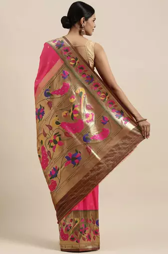 pink pink & green woven design silk blend paithani saree