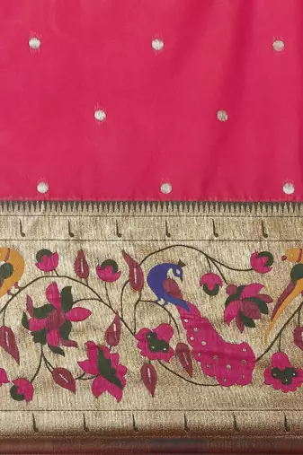 pink pink & green woven design silk blend paithani saree