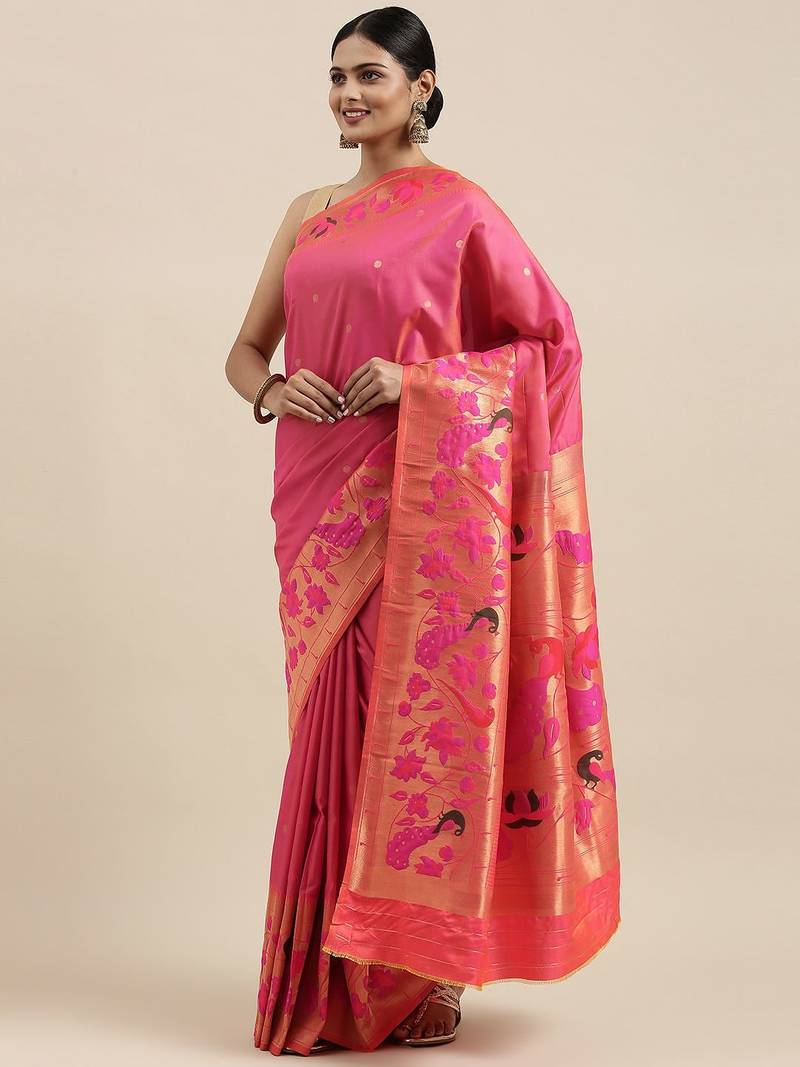 pink pink woven design silk blend paithani saree