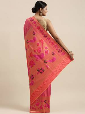 pink pink woven design silk blend paithani saree 2