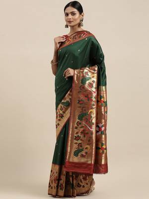 green green woven design silk blend paithani saree 1