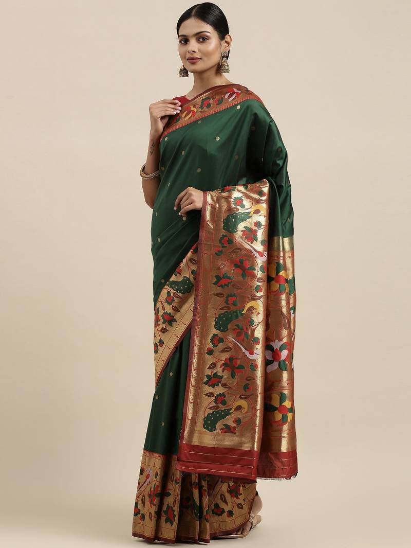 green green woven design silk blend paithani saree