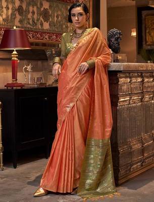 orange ethnic motifs zari  banarasi saree 1