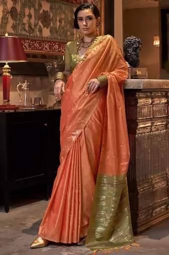 orange ethnic motifs zari  banarasi saree