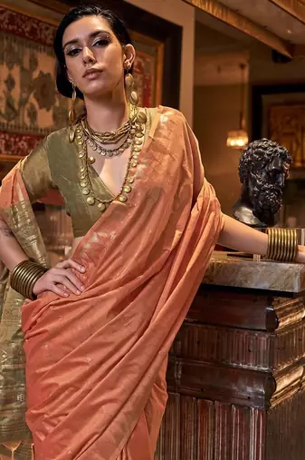orange ethnic motifs zari  banarasi saree