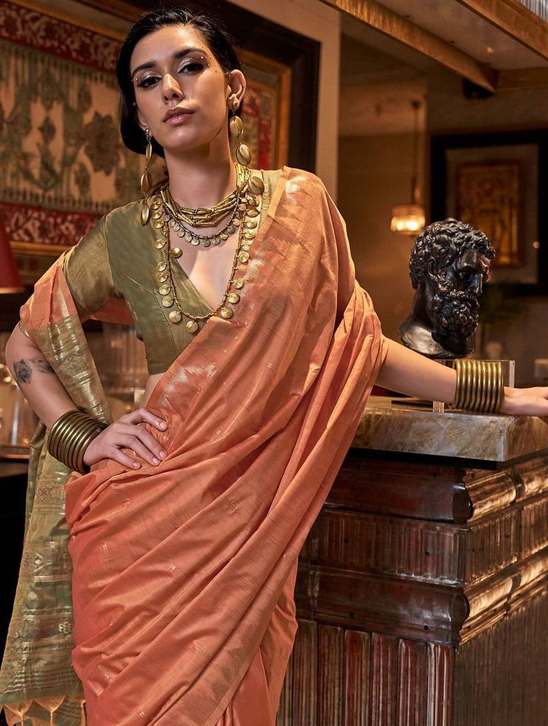 orange ethnic motifs zari  banarasi saree