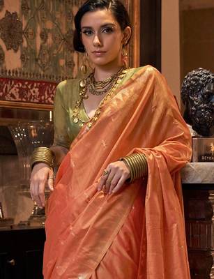 orange ethnic motifs zari  banarasi saree 3