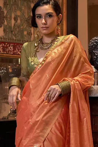 orange ethnic motifs zari  banarasi saree
