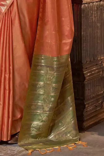 orange ethnic motifs zari  banarasi saree