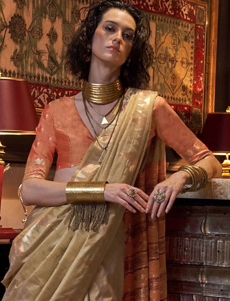 beige woven design zari banarasi saree