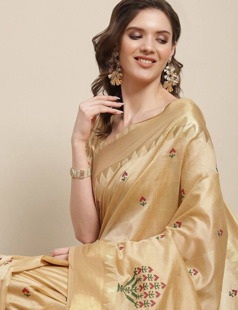 cream cream ethnic motifs zari silk cotton banarasi saree
