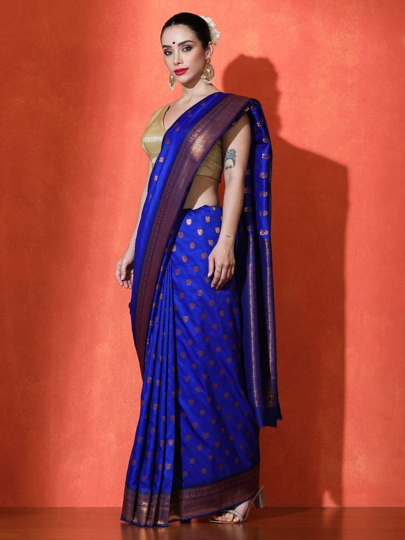blue woven design zari kanjeevaram saree