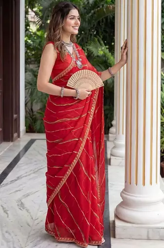 red leheriya zari poly georgette designer leheriya saree