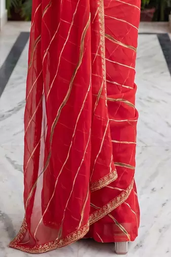 red leheriya zari poly georgette designer leheriya saree